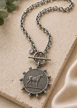 Equestrian Horse Coin Necklace, Statement Horse Medallion, Toggle Clasp